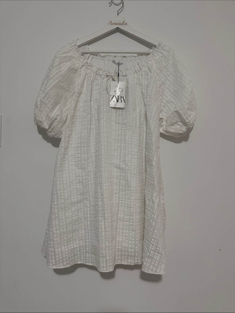 Zara White Textured Puff-Sleeve Dress 13-14Y
